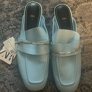 ❤️‍🔥BOGO FREE NWT Zara Pastel Baby Blue Gold Slip On Mule Loafers EU 41 Chic